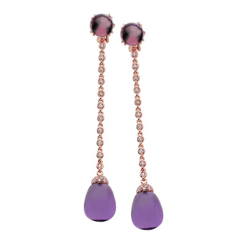 Long earrings in rose gold, diamonds and amethyst