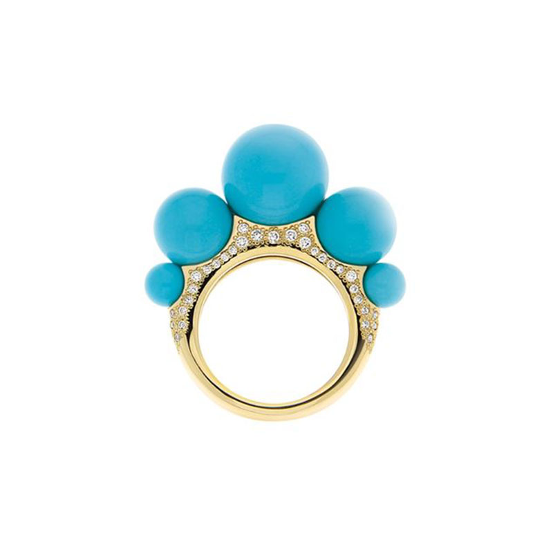 Ring set in yellow gold, turquoise and diamonds pavé